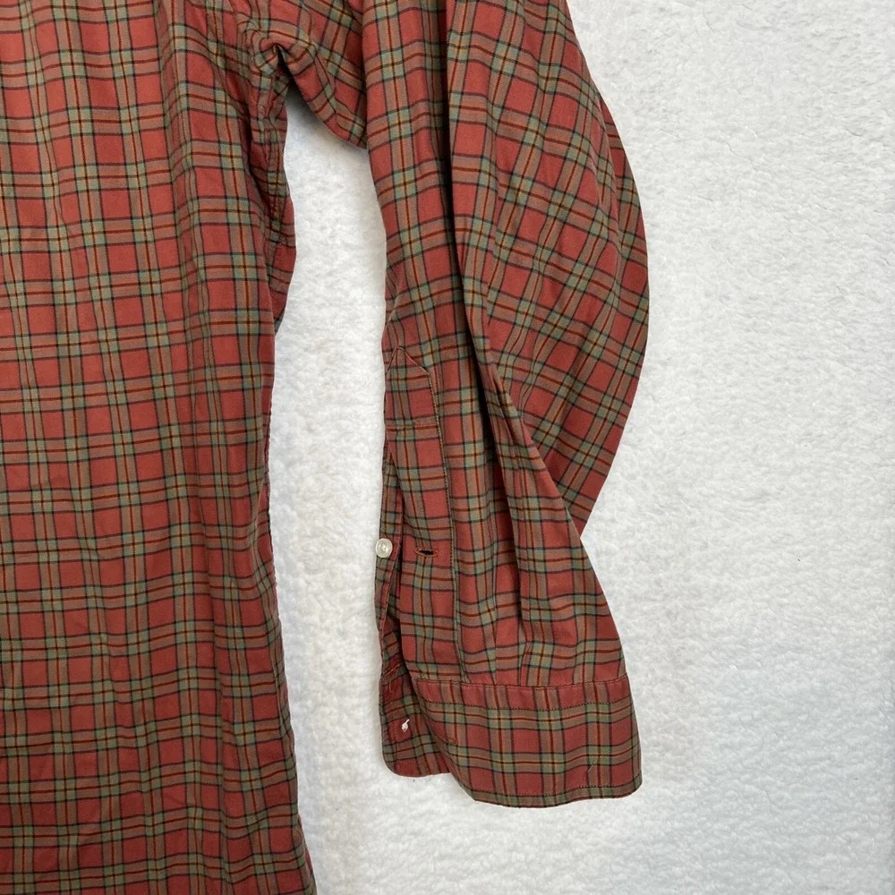 Ralph Lauren Shirt Mens L Orange Green Plaid Check Cotton Oxford OCBD‎ Button Up